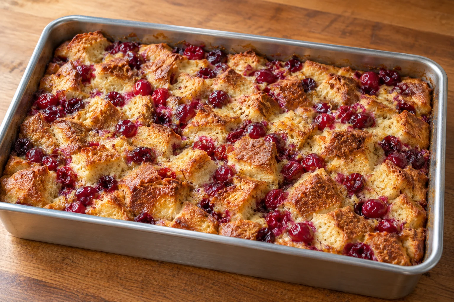 Golden cranberry orange French toast casserole with a set center after baking