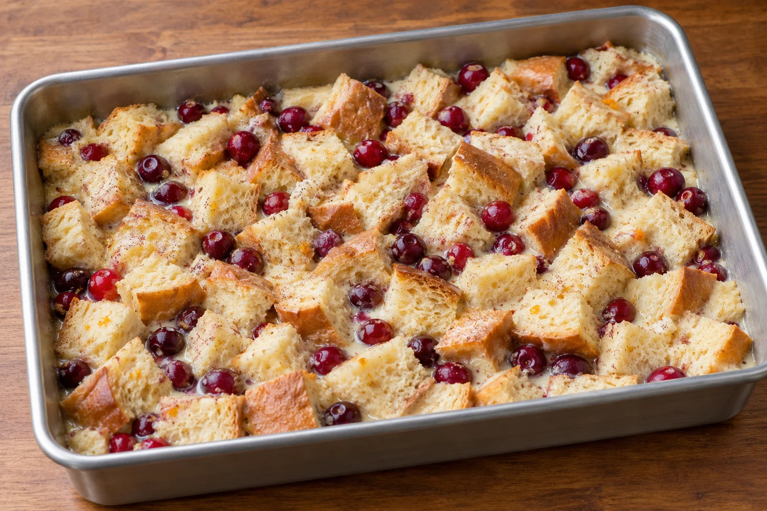 Bread cubes and cranberries soaked with custard before overnight refrigeration