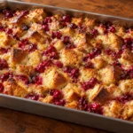 Cranberry orange French toast casserole baked in a rectangular metal pan