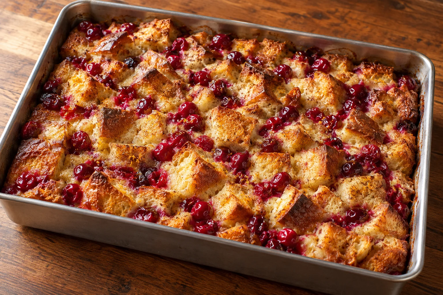 Cranberry orange French toast casserole baked in a rectangular metal pan