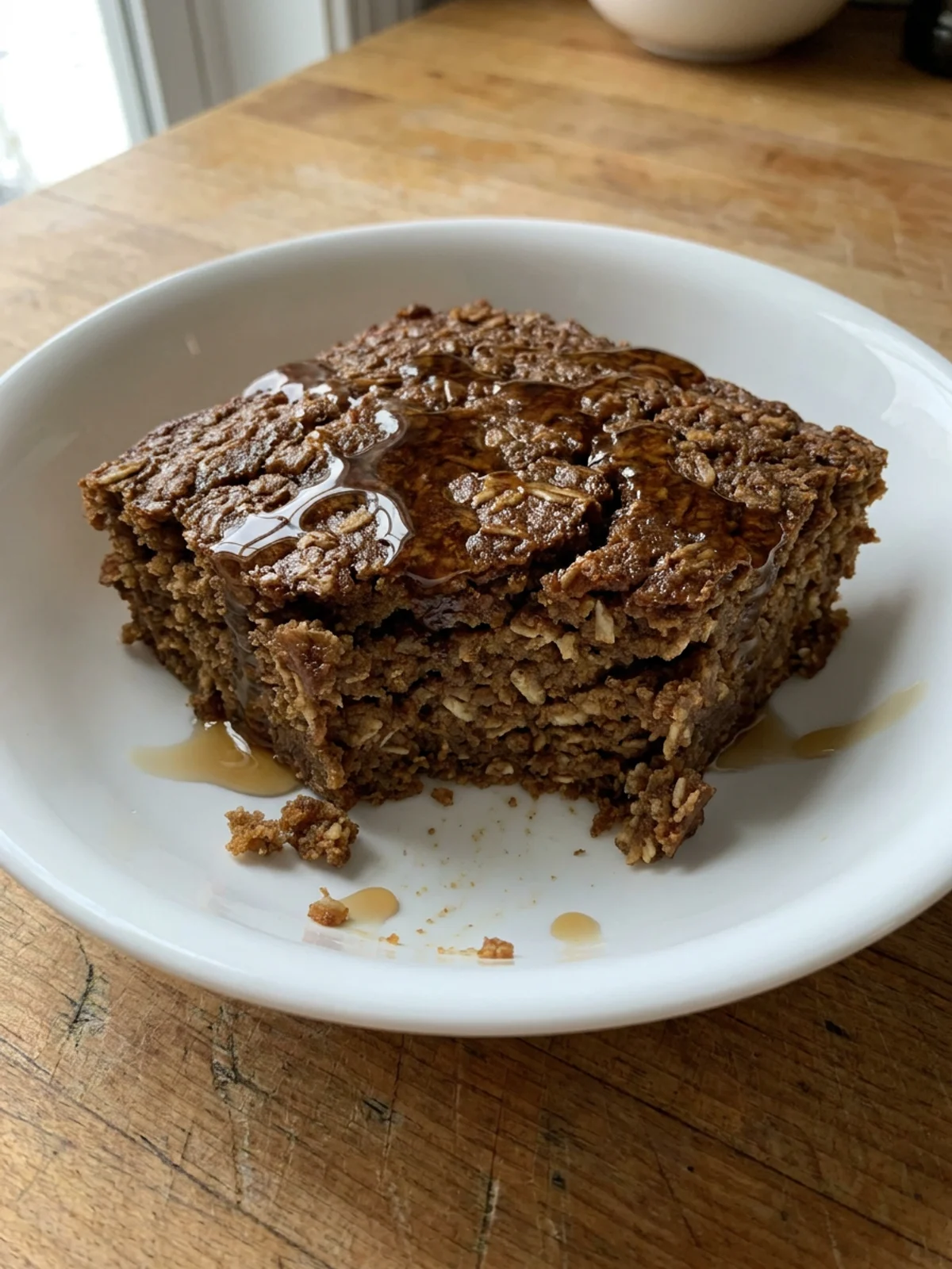 A slice of warm gingerbread baked oatmeal on a white ceramic plate.